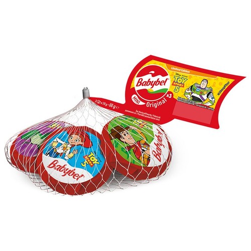 Trzy serki Babybel Mini Original w siatce, z opakowaniami z postaciami z Toy Story 5. Edycja limitowana, 3x20g.
