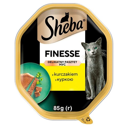 Tacka karmy dla kota Sheba Finesse, 85g. Delikatny pasztet z kurczakiem. Na etykiecie wizerunek kota i dania.