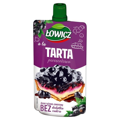 Fioletowo-biała saszetka Łowicz z zieloną zakrętką. Produkt to ryżowo-owocowy deser w stylu tarty porzeczkowej, bez dodatku cukru. Na opakowaniu widnieje grafika kawałka tarty z ciemnymi owocami i kremem, oraz świeże porzeczki.