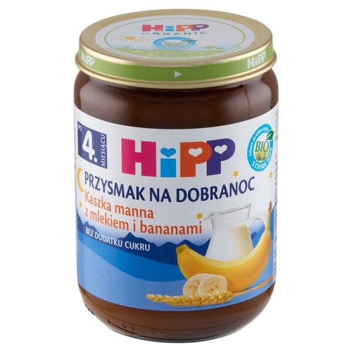 Kaszka manna HiPP Organic z mlekiem i bananami w słoiku, przeznaczona dla niemowląt po 4 miesiącu życia. Produkt bez dodatku cukru.