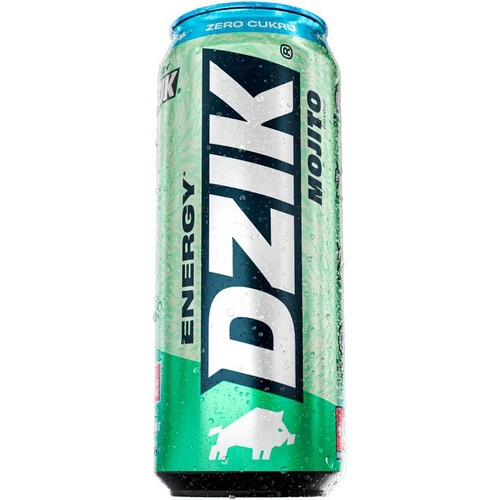 Zielona puszka napoju energetycznego Dzik Energy o smaku Mojito. Na puszce napis "Zero Cukru" i biała sylwetka dzika.