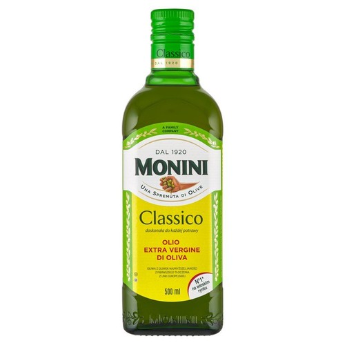 Oliwa z oliwek extra vergine Monini Classico w zielonej butelce z żółtą etykietą, 500 ml. Idealna do każdej potrawy.