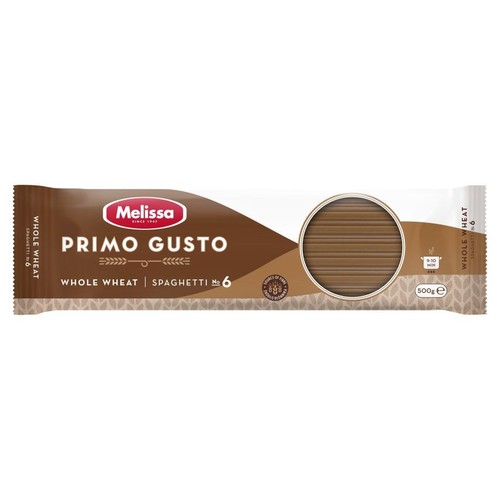 Opakowanie makaronu spaghetti pełnoziarnistego Melissa Primo Gusto, 500g. Widoczne brązowe nitki makaronu przez okienko.