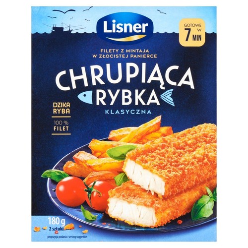 Produkt Lisner Chrupiąca Rybka: filety z mintaja w złocistej panierce. Opakowanie 180 g, 2 sztuki. To dzika ryba, 100% filet, gotowa w 7 minut. Na opakowaniu widoczna propozycja podania z frytkami, pomidorami i bazylią.