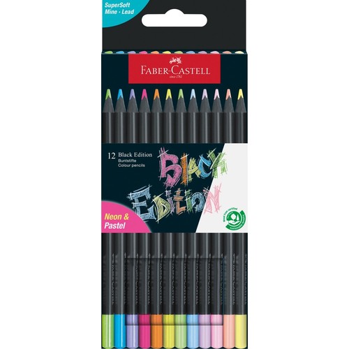 Opakowanie 12 kredek ołówkowych Faber-Castell Black Edition z miękkim grafitem SuperSoft Mine. Kredki mają czarne korpusy i końcówki w kolorach neonowych i pastelowych. Produkt posiada certyfikat ekologiczny.