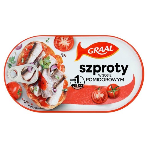 Owalna puszka szprotów GRAAL w sosie pomidorowym. Na etykiecie grafika szprotów na pieczywie i napis 'Numer 1 w Polsce'.
