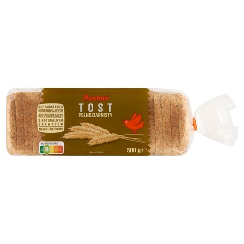 Chleb tostowy pełnoziarnisty marki Auchan, 500 g. W przezroczystym opakowaniu. Etykieta w kolorze brązowym z napisem "Tost Pełnoziarnisty", kłosami zboża i czerwonym ptakiem. Bez substancji konserwujących i polepszaczy.