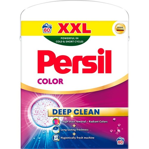 Opakowanie proszku Persil Color XXL, 60 prań. Skuteczny w zimnych cyklach, zapewnia promienne kolory i higienicznie świeżą pralkę.