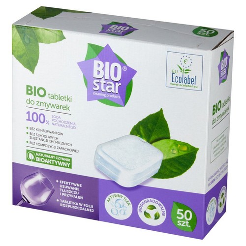 Opakowanie tabletek do zmywarek BIO star, 50 szt. Produkt z naturalną sodą, bez szkodliwych substancji.