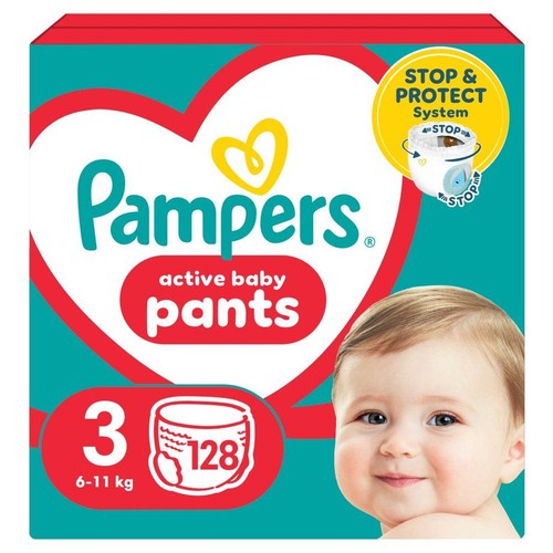 Pudełko pieluchomajtek Pampers Active Baby Pants, rozmiar 3, dla dzieci 6-11 kg, zawiera 128 sztuk. Design z sercem i systemem Stop & Protect.