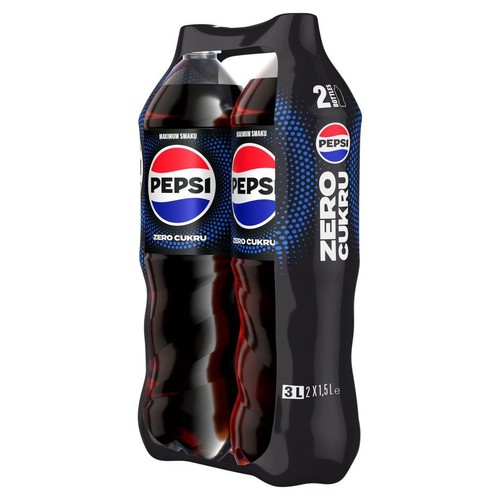 Dwupak napoju Pepsi Zero Cukru, składający się z dwóch czarnych butelek o pojemności 1,5 litra każda. Butelki są połączone czarnym uchwytem. Na etykietach widnieje logo Pepsi i napis "Zero Cukru" oraz "Maksimum Smaku".
