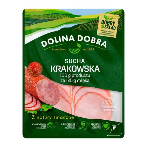 Opakowanie Dolina Dobra Sucha Krakowska. Wędlina krojona i w kawałku. Produkt z dobrym składem, bez konserwantów.