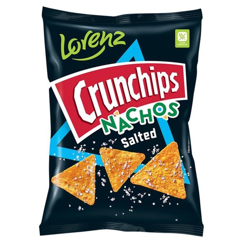 Opakowanie chipsów Lorenz Crunchips Nachos Salted. Na froncie trzy chipsy kukurydziane posypane solą.
