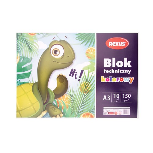 Produkt REXUS: blok techniczny kolorowy A3. Składa się z 10 kartek o gramaturze 150 g/m². Na okładce widnieje ilustracja uśmiechniętego zielonego żółwia, który macha i mówi "Hi!", otoczonego bujną roślinnością tropikalną i owocami cytrusowymi.