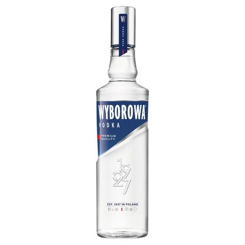 Przezroczysta szklana butelka wódki Wyborowa o pojemności 700 ml i zawartości alkoholu 40%. Na niebiesko-białej etykiecie widnieje duży napis "WYBOROWA VODKA" oraz mniejszy "Najwyższa jakość". Na butelce wytłoczony jest rok 1927.
