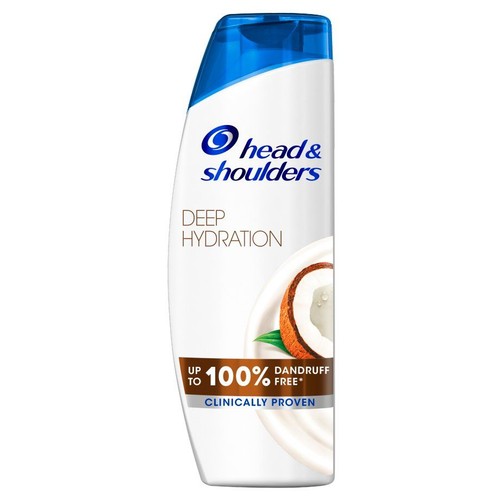 Biała butelka szamponu Head & Shoulders Deep Hydration z niebieską nakrętką. Na etykiecie grafika kokosa i napis "do 100% bez łupieżu".
