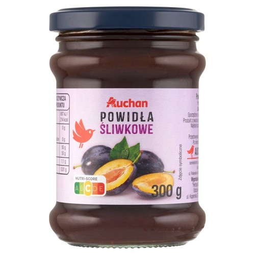 Słoik powideł śliwkowych Auchan, 300 g. Na etykiecie ilustracja śliwek. Ciemnoniebieska zakrętka.