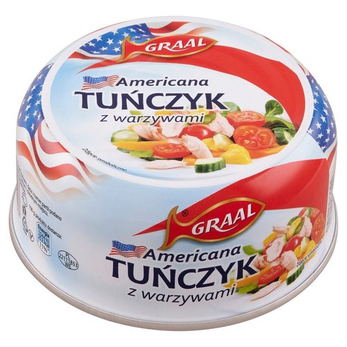 Puszka tuńczyka Graal Americana z warzywami. Etykieta z wzorem flagi amerykańskiej i symbolicznym zdjęciem dania.