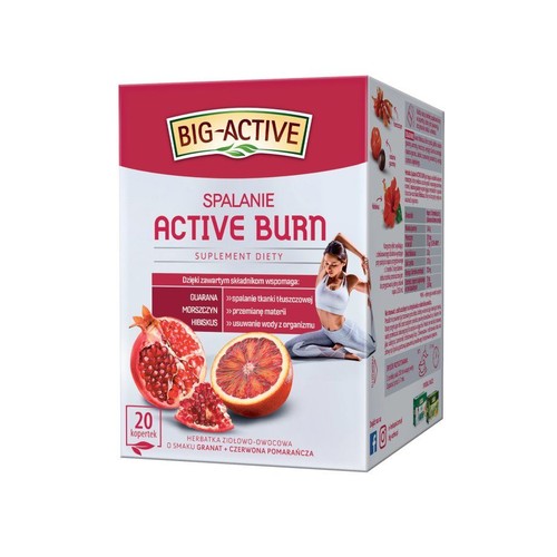 Opakowanie suplementu diety BIG-ACTIVE Active Burn, herbatka ziołowo-owocowa o smaku granatu i czerwonej pomarańczy, 20 kopert.